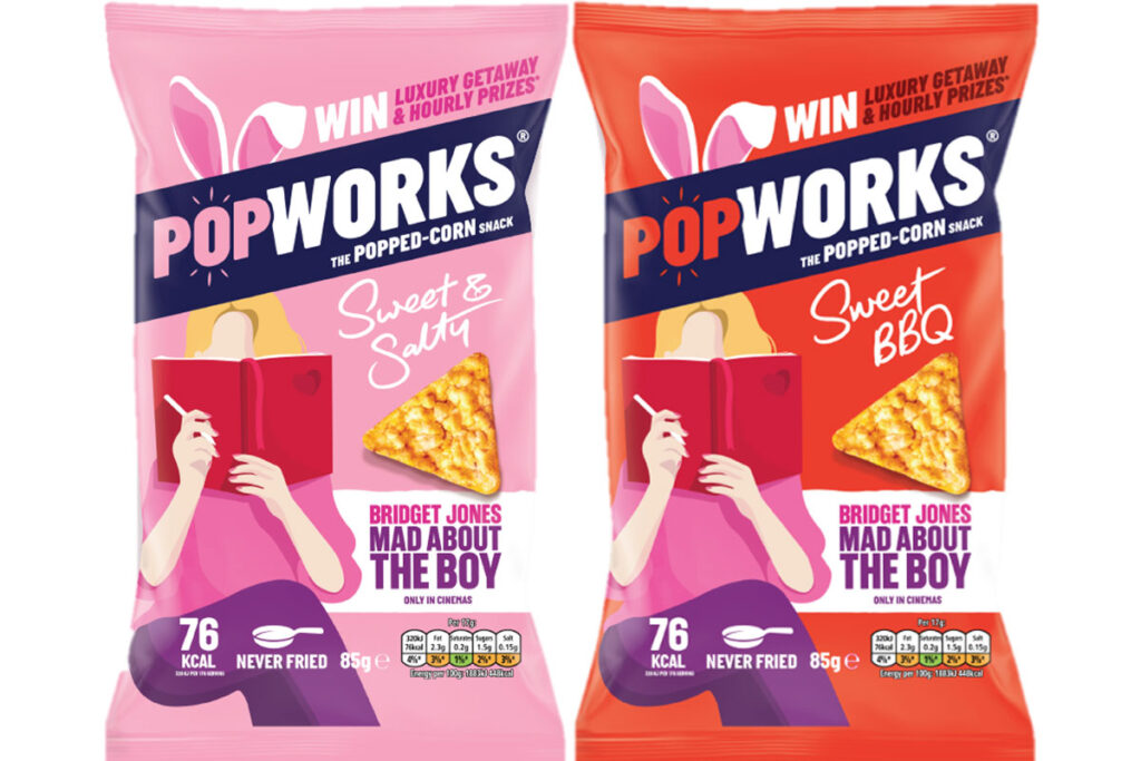 Pack shots of Popworks snacks including Sweet & Salty and Sweet BBQ with an on-pack promotion for Bridget Jones: Mad About the Boy.