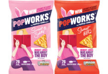 Pack shots of Popworks snacks including Sweet & Salty and Sweet BBQ with an on-pack promotion for Bridget Jones: Mad About the Boy.