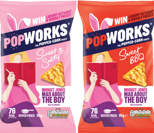 Popworks unveils Bridget Jones packs for new film Pack shots of Popworks snacks including Sweet & Salty and Sweet BBQ with an on-pack promotion for Bridget Jones: Mad About the Boy.