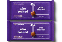 Pack shots of Cadbury Dairy Milk 'Made to Share' Limited Edition bars with the packaging divided into differently sized sections with the largest section reading 'Who Cooked', the medium section reading 'who cleaned', and the smallest section reading 'Who ate'.