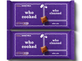 Cadbury launches ‘Made to Share’ limited edition bars Pack shots of Cadbury Dairy Milk 'Made to Share' Limited Edition bars with the packaging divided into differently sized sections with the largest section reading 'Who Cooked', the medium section reading 'who cleaned', and the smallest section reading 'Who ate'.