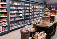 A range of chillers inside a store stocked up with meat products with a stand in the middle of the floor with some cupboard essentials on them.