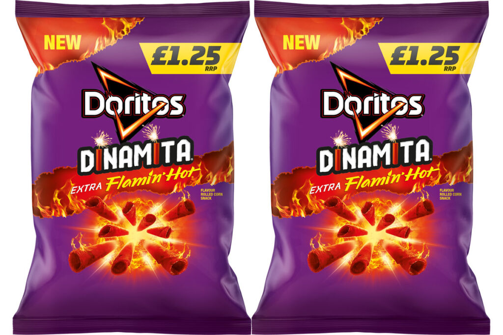 Pack shots of Doritos Dinamita Extra Flamin Hot with a £1.25 price mark on the pack.