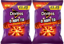 Pack shots of Doritos Dinamita Extra Flamin Hot with a £1.25 price mark on the pack.