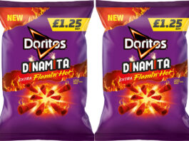 Doritos fires up on flavour with spicy new Dinamita variant Pack shots of Doritos Dinamita Extra Flamin Hot with a £1.25 price mark on the pack.