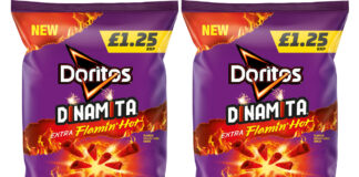 Pack shots of Doritos Dinamita Extra Flamin Hot with a £1.25 price mark on the pack.
