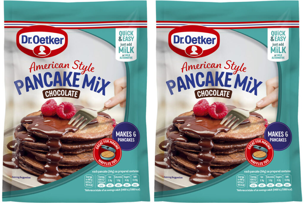 Pack shots of Dr. Oetker American Style Pancake Mix Chocolate.