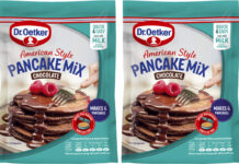 Pack shots of Dr. Oetker American Style Pancake Mix Chocolate.