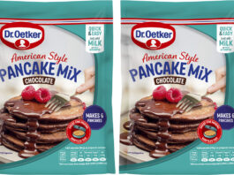 Dr. Oetker offers extra indulgence for this Pancake Day Pack shots of Dr. Oetker American Style Pancake Mix Chocolate.