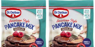 Pack shots of Dr. Oetker American Style Pancake Mix Chocolate.