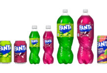 Pack shots of Fanta Apple, Fanta Raspberry and Fanta Tutti Fruit across a range of formats including 330ml cans, 500ml bottles and two litre bottles.