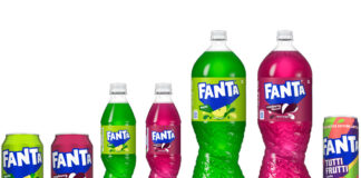 Pack shots of Fanta Apple, Fanta Raspberry and Fanta Tutti Fruit across a range of formats including 330ml cans, 500ml bottles and two litre bottles.