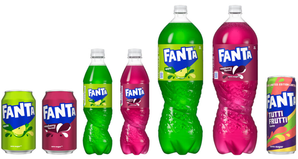 Pack shots of Fanta Apple, Fanta Raspberry and Fanta Tutti Fruit across a range of formats including 330ml cans, 500ml bottles and two litre bottles.