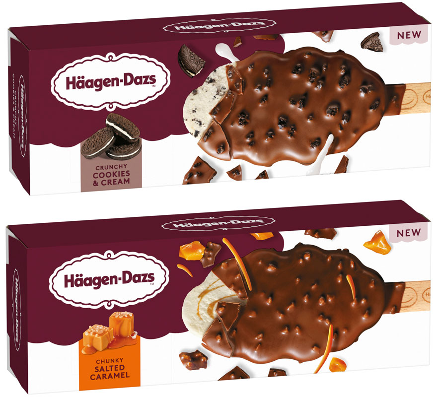 Single packs of Häagen-Dazs Stickbars including Cookies & Cream and Salted Caramel variants.