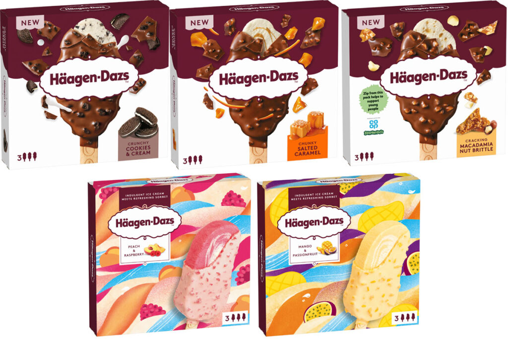 Pack shots of Häagen-Dazs Stickbars including Cookies & Cream, Salted Caramel, Macadamia Nut Brittle, Peach & Raspberry and Mango & Passionfruit variant.