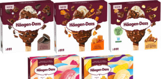 Pack shots of Häagen-Dazs Stickbars including Cookies & Cream, Salted Caramel, Macadamia Nut Brittle, Peach & Raspberry and Mango & Passionfruit variant.