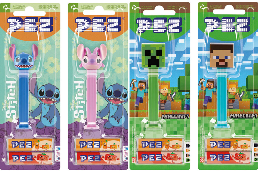 Pack shots of PEZ dispensers including Lilo & Stitch and Minecraft heads of characters from the franchises. (From left to right) Stitch, Angel, Creeper and Steve.