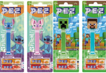 Pack shots of PEZ dispensers including Lilo & Stitch and Minecraft heads of characters from the franchises. (From left to right) Stitch, Angel, Creeper and Steve.