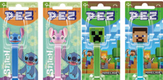 Pack shots of PEZ dispensers including Lilo & Stitch and Minecraft heads of characters from the franchises. (From left to right) Stitch, Angel, Creeper and Steve.
