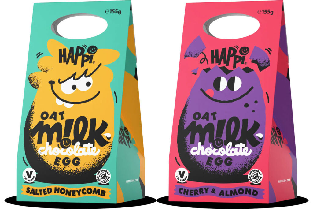 Pack shots of Happi Easter Eggs with Salted Honeycomb and Cherry & Almond variants.