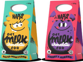 Pack shots of Happi Easter Eggs with Salted Honeycomb and Cherry & Almond variants.