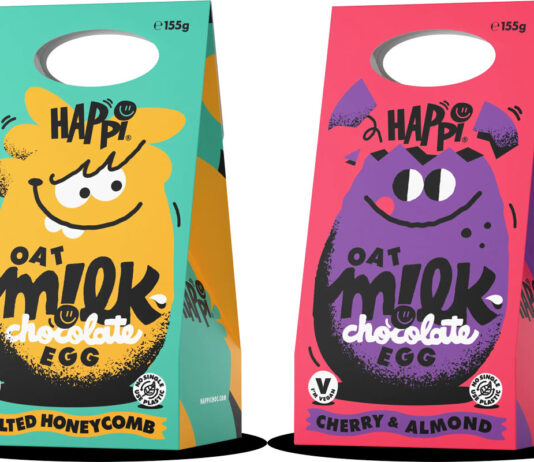 Get Happi over new plant-based Easter eggs Pack shots of Happi Easter Eggs with Salted Honeycomb and Cherry & Almond variants.
