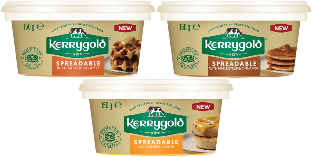 Pack shots of Kerrygold Sweet Spreadables including Spreadable with Salted Caramel, Spreadable with Maple Syrup & Cinnamon and Spreadable with Maple Syrup.