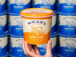 Mackie’s reports profits boost after wider UK distribution A hand holds up a tub of Mackie's of Scotland Honeycomb Ice Cream with tubs of Mackie's of Scotland Traditional lining the wall in the background.
