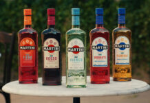 A line-up of Martini vermouth bottles stand on a marble table. (From left to right) Martini Fiero L'Aperitivo, Rosso Vermouth, Bianco Vermouth, Vibrante L'Aperitivo Vibrante Non-Alcoholic and Floreale L'Aperitivo Non-Alcoholic.