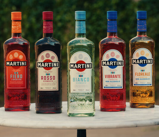 Bacardi unveils a new era for Martini vermouth A line-up of Martini vermouth bottles stand on a marble table. (From left to right) Martini Fiero L'Aperitivo, Rosso Vermouth, Bianco Vermouth, Vibrante L'Aperitivo Vibrante Non-Alcoholic and Floreale L'Aperitivo Non-Alcoholic.