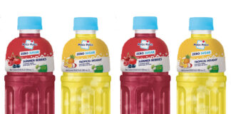 Pack shots of Mogu Mogu Zero Sugar Summer Berries and Zero Sugar Tropical Delight.