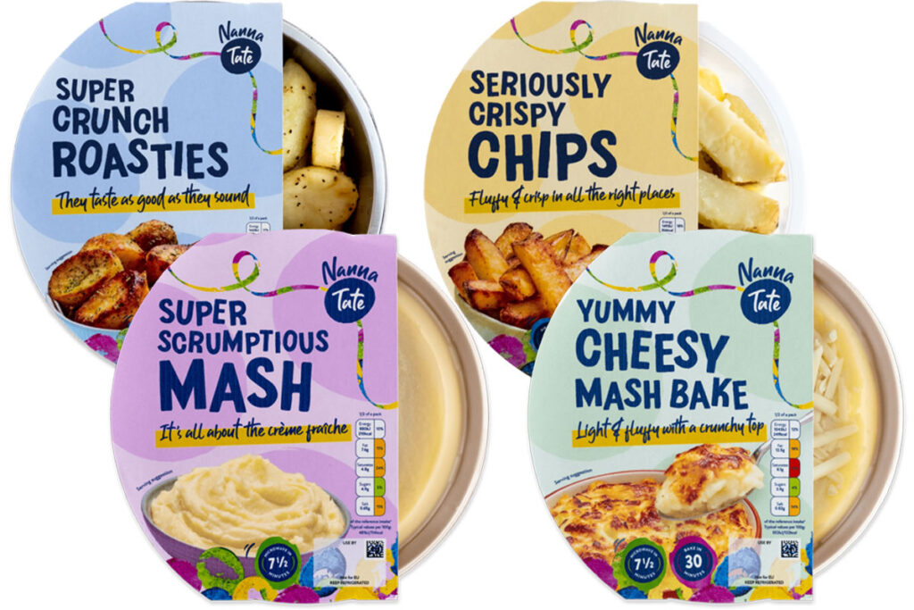 Pack shots of the Nanna Tate chilled range including Super Crunch Roasties, Seriously Crispy Chips, Super Scrumptious Mash and Yummy Cheesy Mash Bake.