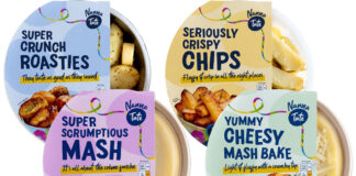Pack shots of the Nanna Tate chilled range including Super Crunch Roasties, Seriously Crispy Chips, Super Scrumptious Mash and Yummy Cheesy Mash Bake.