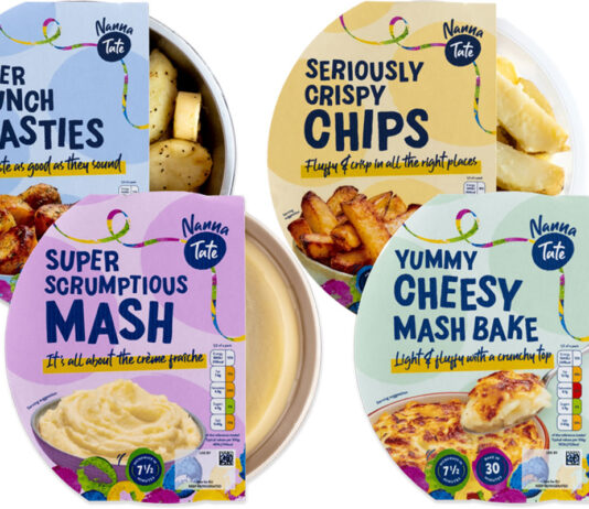 Pack shots of the Nanna Tate chilled range including Super Crunch Roasties, Seriously Crispy Chips, Super Scrumptious Mash and Yummy Cheesy Mash Bake.