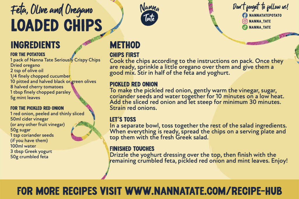 A recipe card for Nanna Tate Feta, Olive and Oregano Loaded Chips.