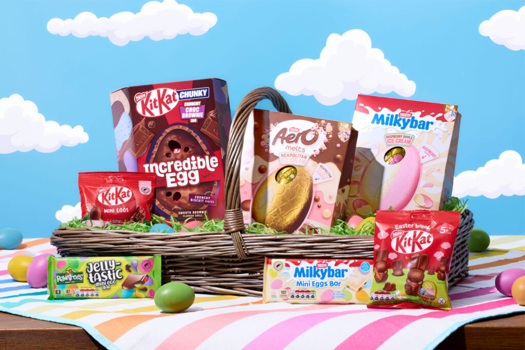 Nestlé Confectionery Easter 2025 line-up featuring Nestlé KitKat Crunchy Choc Brownie Egg, KitKat Mini Eggs, Rowntree's Jelly-tastic Mini Egg Bar, Aero Melts Neapolitan Ice Cream Egg, Milkybar Raspberry Ripple Ice Cream Egg, Milkybar Mini Eggs Bar and KitKat Bunny Easter Pouch.