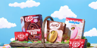 Nestlé Confectionery Easter 2025 line-up featuring Nestlé KitKat Crunchy Choc Brownie Egg, KitKat Mini Eggs, Rowntree's Jelly-tastic Mini Egg Bar, Aero Melts Neapolitan Ice Cream Egg, Milkybar Raspberry Ripple Ice Cream Egg, Milkybar Mini Eggs Bar and KitKat Bunny Easter Pouch.