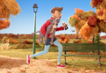 Still image from Nestle Lindahls TV campaign showing an animated man running with a dog in his arm and a Nestle Lindahls Protein Drink in his other hand.