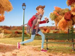 Nestlé Lindahls unveils new TV campaign Still image from Nestle Lindahls TV campaign showing an animated man running with a dog in his arm and a Nestle Lindahls Protein Drink in his other hand.