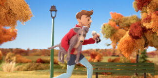 Still image from Nestle Lindahls TV campaign showing an animated man running with a dog in his arm and a Nestle Lindahls Protein Drink in his other hand.