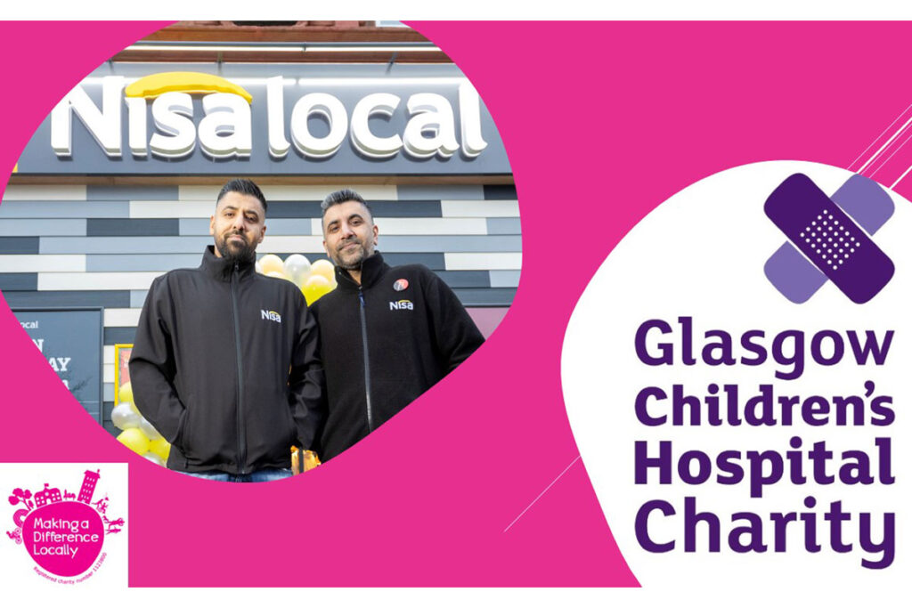 A Nisa graphic featuring Jay and Saj Javid standing outside Nisa Local Wee Mill Rutherglen in a bubble, with the Making a Difference Locally logo in the bottom right corner and the Glasgow Children's Hospital Charity logo in the right hand corner.