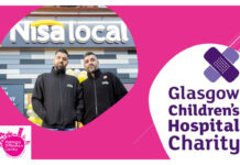 A Nisa graphic featuring Jay and Saj Javid standing outside Nisa Local Wee Mill Rutherglen in a bubble, with the Making a Difference Locally logo in the bottom right corner and the Glasgow Children's Hospital Charity logo in the right hand corner.