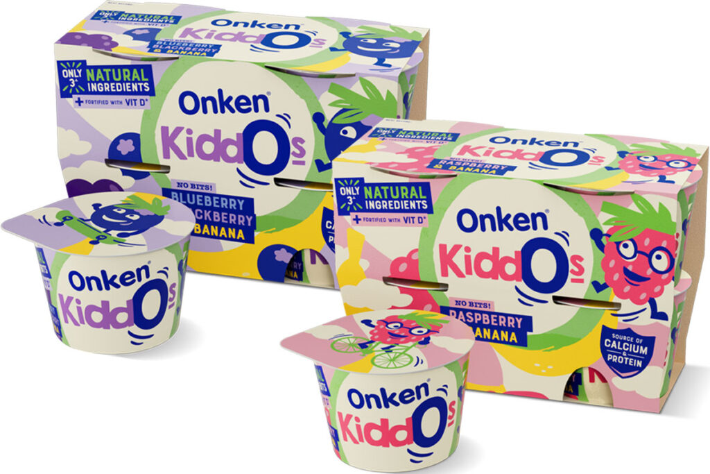 Pack shots of Onken Kiddos yogurts including Blueberry, Blackberry & Banana and Raspberry & Banana.