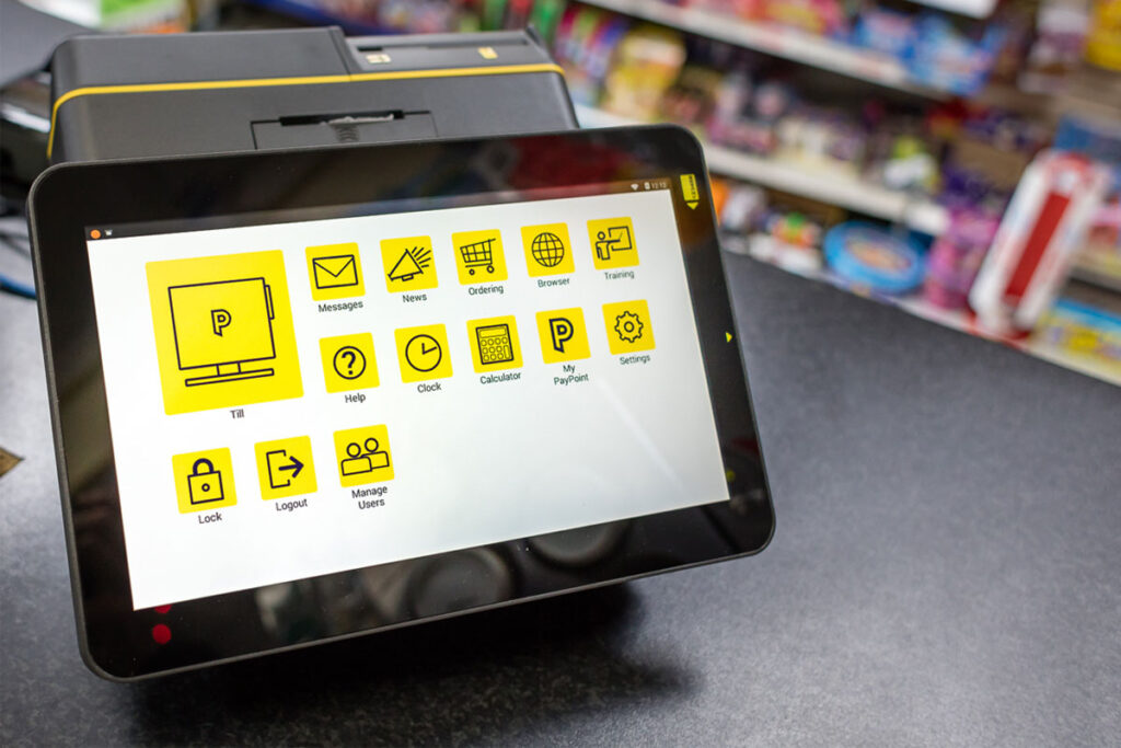 PayPoint till screen displaying the functions and in-store services available to retailers.