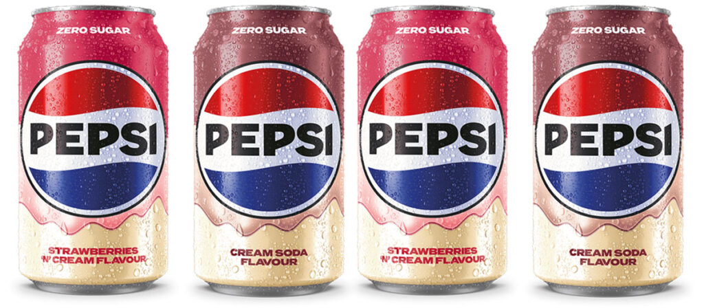 Pack shots of Pepsi Treats Strawberries 'N' Cream and Cream Soda.