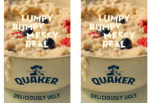 Still image from Quaker Oats 'Deliciously Ugly' 2025 campaign featuring a Quaker Oats branded bowl of porridge with fruit in it with text reading 'Lumpy Bumpy Messy Real'.