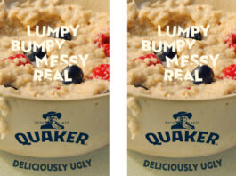 Quaker brings porridge back to the table with new campaign Still image from Quaker Oats 'Deliciously Ugly' 2025 campaign featuring a Quaker Oats branded bowl of porridge with fruit in it with text reading 'Lumpy Bumpy Messy Real'.