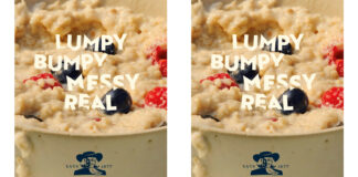 Still image from Quaker Oats 'Deliciously Ugly' 2025 campaign featuring a Quaker Oats branded bowl of porridge with fruit in it with text reading 'Lumpy Bumpy Messy Real'.