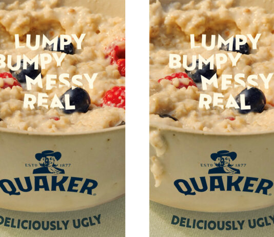 Quaker brings porridge back to the table with new campaign Still image from Quaker Oats 'Deliciously Ugly' 2025 campaign featuring a Quaker Oats branded bowl of porridge with fruit in it with text reading 'Lumpy Bumpy Messy Real'.