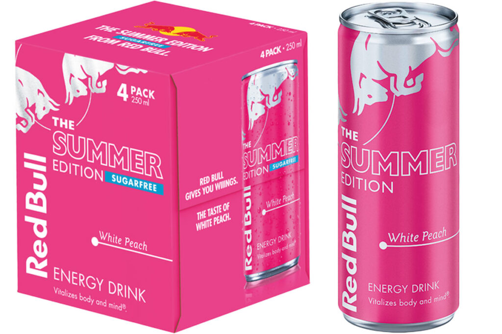 Pack shots of Red Bull Summer Edition White Peach flavour including a single 250ml can and a four pack of the sugar-free variant.